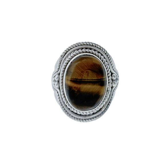 Sterling Silver 925 Rope Bead Detail Tiger's Eye Oval Statement Ring Size 8.5 - Picture 1 of 6